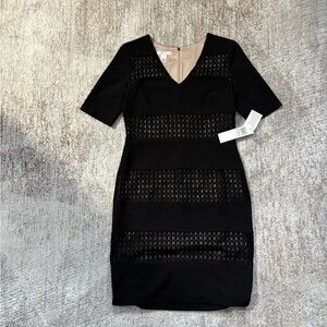 London Times Black Midi Dress with Mesh Details